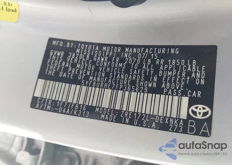 2015 Toyota Corolla Le из США, поврежденный, VIN 5YFBURHE7FP365629